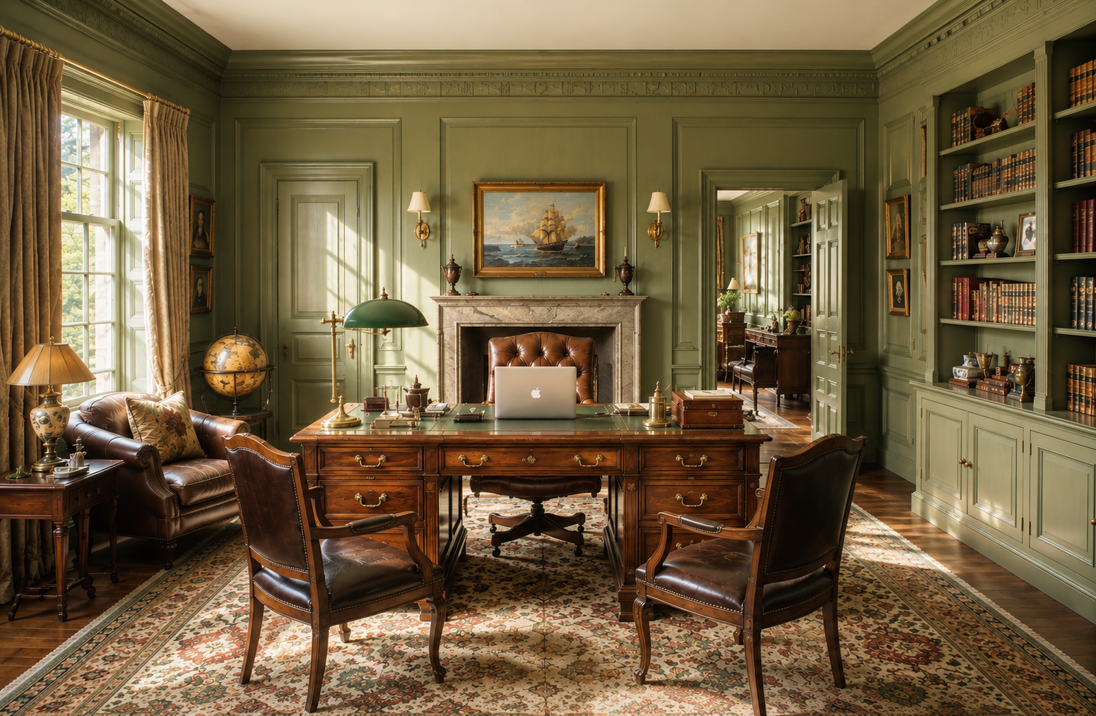 A panelled Georgian drawing room in muted green